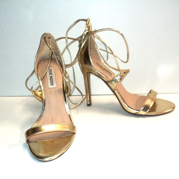 Steve Madden Size 7.5 Gold Sandals Stiletto 4" Heels Presidnt Calf Ties - Picture 3 of 9